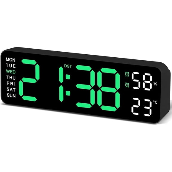 TIMESS 9" LED Wall Clock, Silent Digital Clock with Temp Humidity Display, Green