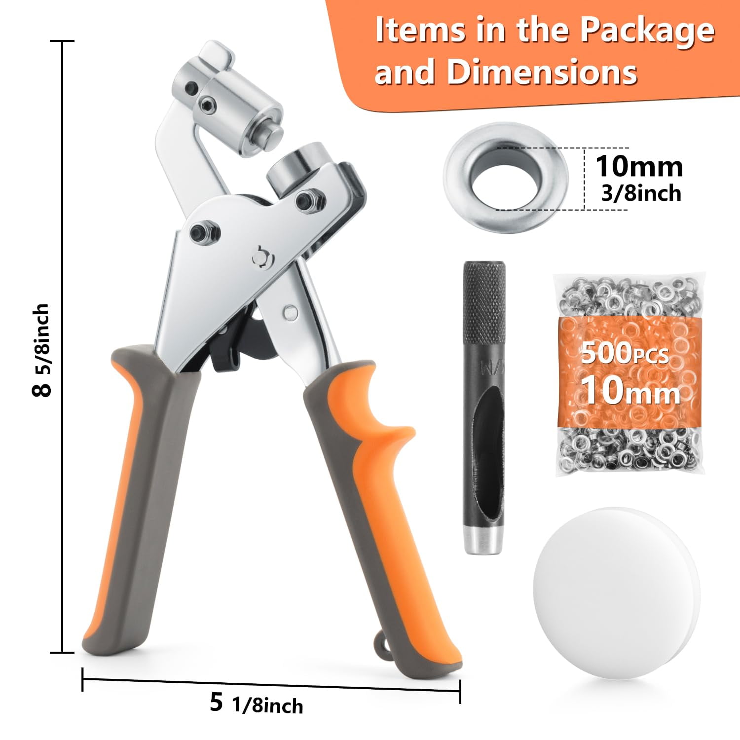 Grommet Tool Kit with Handheld Puncher, 500 Pcs 3/8 inch Heavy Duty Grommets Setting Kit for Tarp, Banner, Fabric, Leather, Canvas, Tent Repairs
