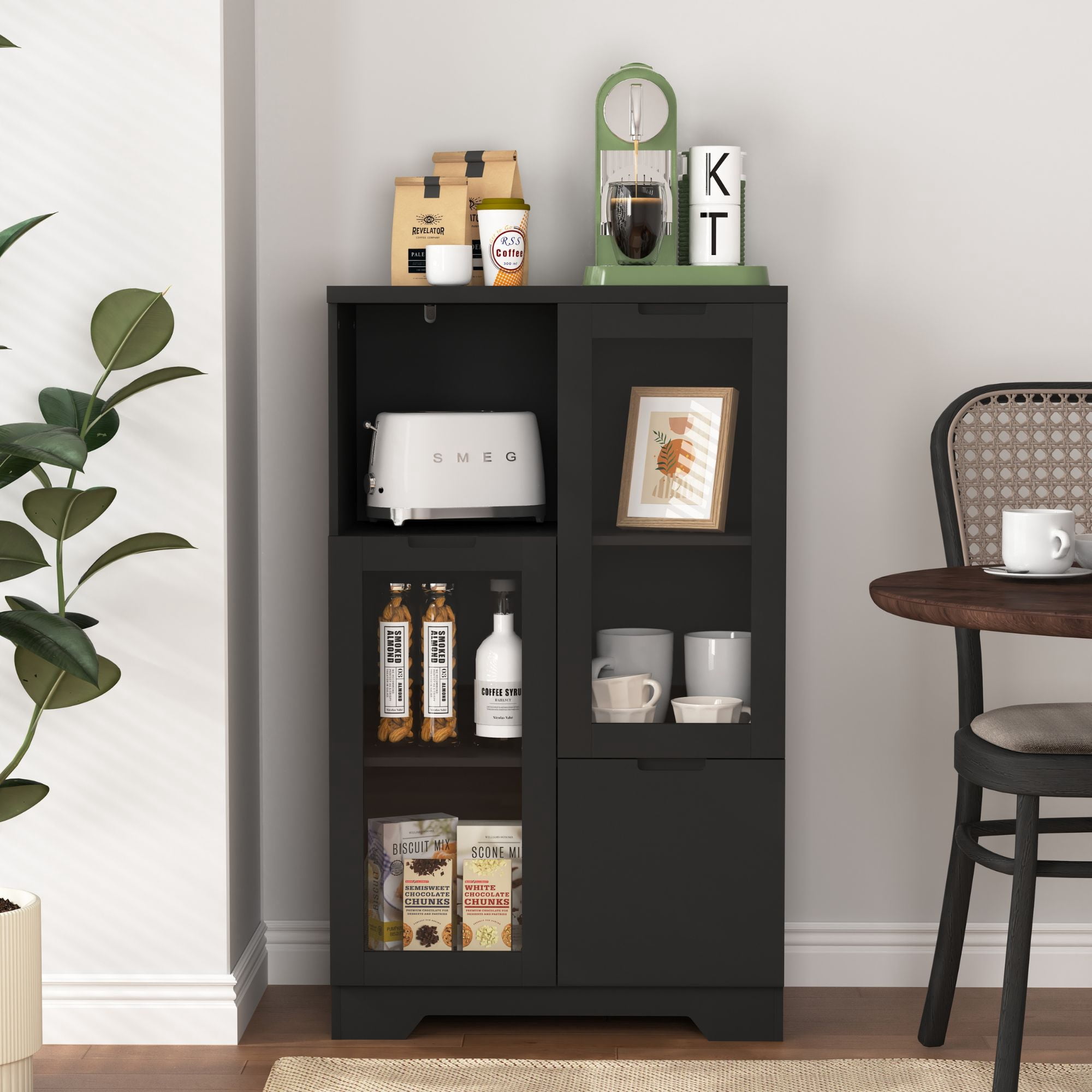 Noble House Storage Cabinet with Glass Doors and Drawer, Adjustable Shelves, Black