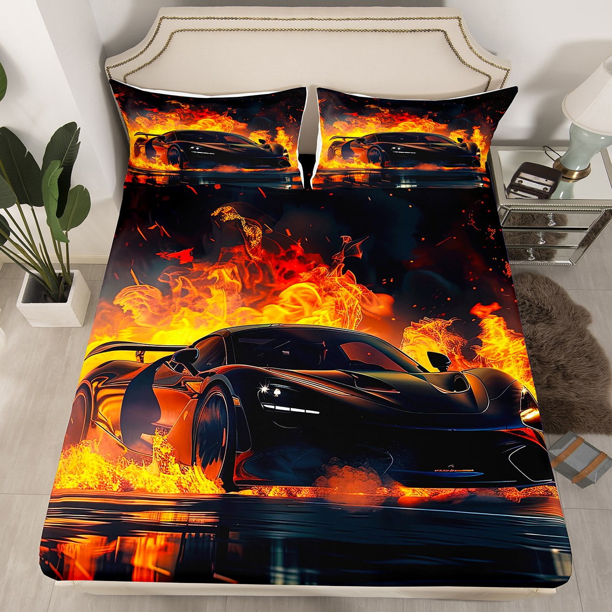 YST Fire Race Car Bed Sheets Speed Sports Car Fitted Sheet Queen