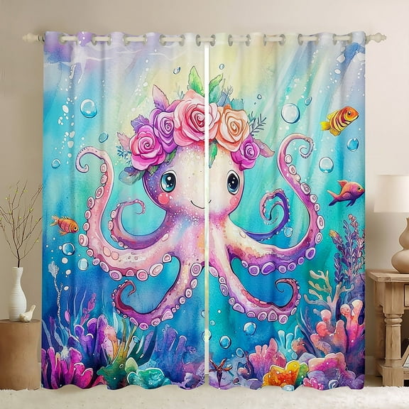 Erosebridal Teen Flower Octopus Curtains for Living Room,Cartoon Sealife 30%-50% Blackout Curtains Set of 2 (38x45),Marine Room Decorative