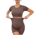 thumbnail image 5 of Tqyyweavej Maternity 2 Piece Outfit Quick Dry Short Sleeve Crewneck Yoga Tops and Over The Belly Solid Color Ribbed Workout Shorts, 5 of 7