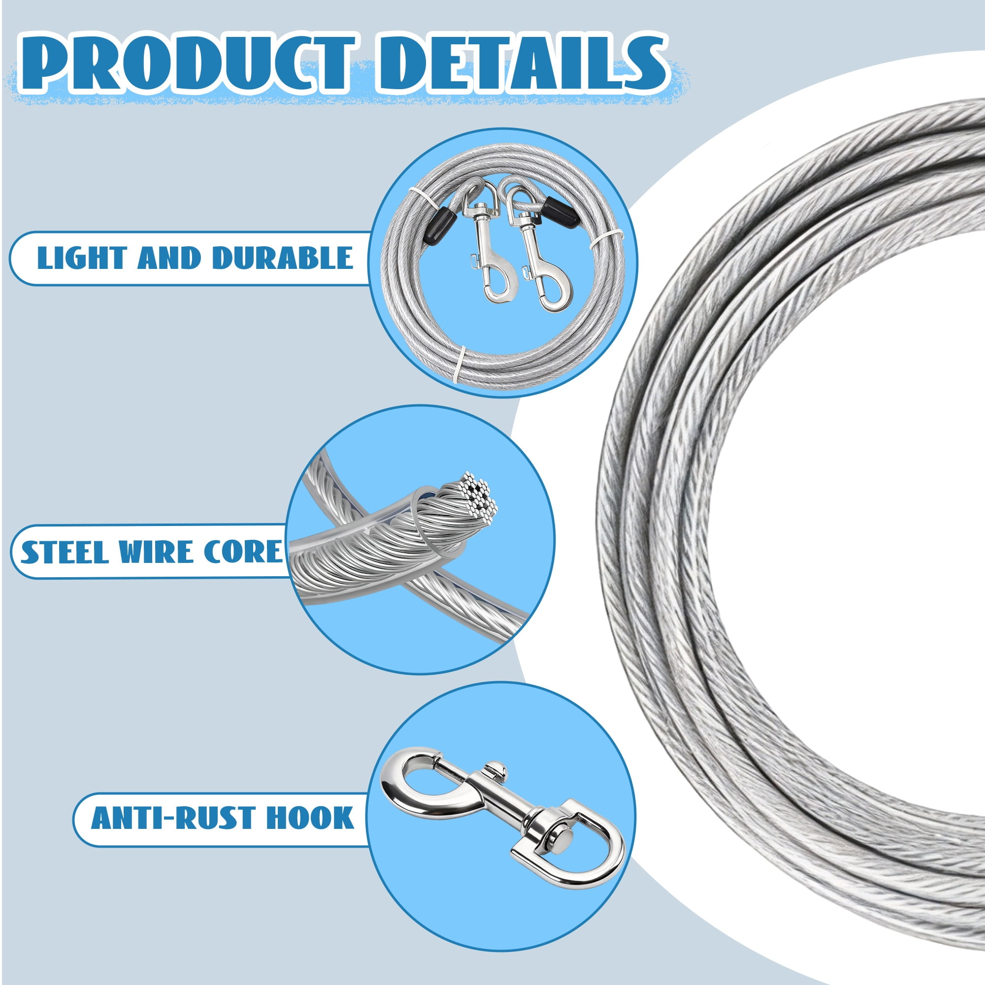 25 Ft Dog Tie Out Cable, Heavy‑Duty Steel Wire Dog Leash with 360° Swivel Hooks, Outdoor Dog Tether Cable for Yard, Park, Camping & Beach Walking