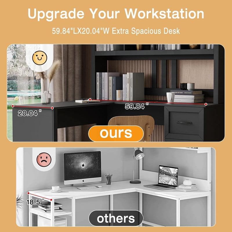 L-Shaped Executive Computer Desk with Hutch, 59.84'' Office Desk Work Desk with 2 Drawers and Storage Shelf for Home Office