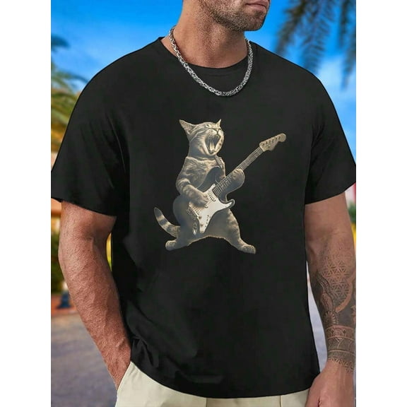 Rock Cat Playing Electric Guitar Black White Mens T Shirt Cool Graphic Tee  Music Lover Gift Casual Cotton Comfort Summer Outfit| Two colors S-5XL SIZE