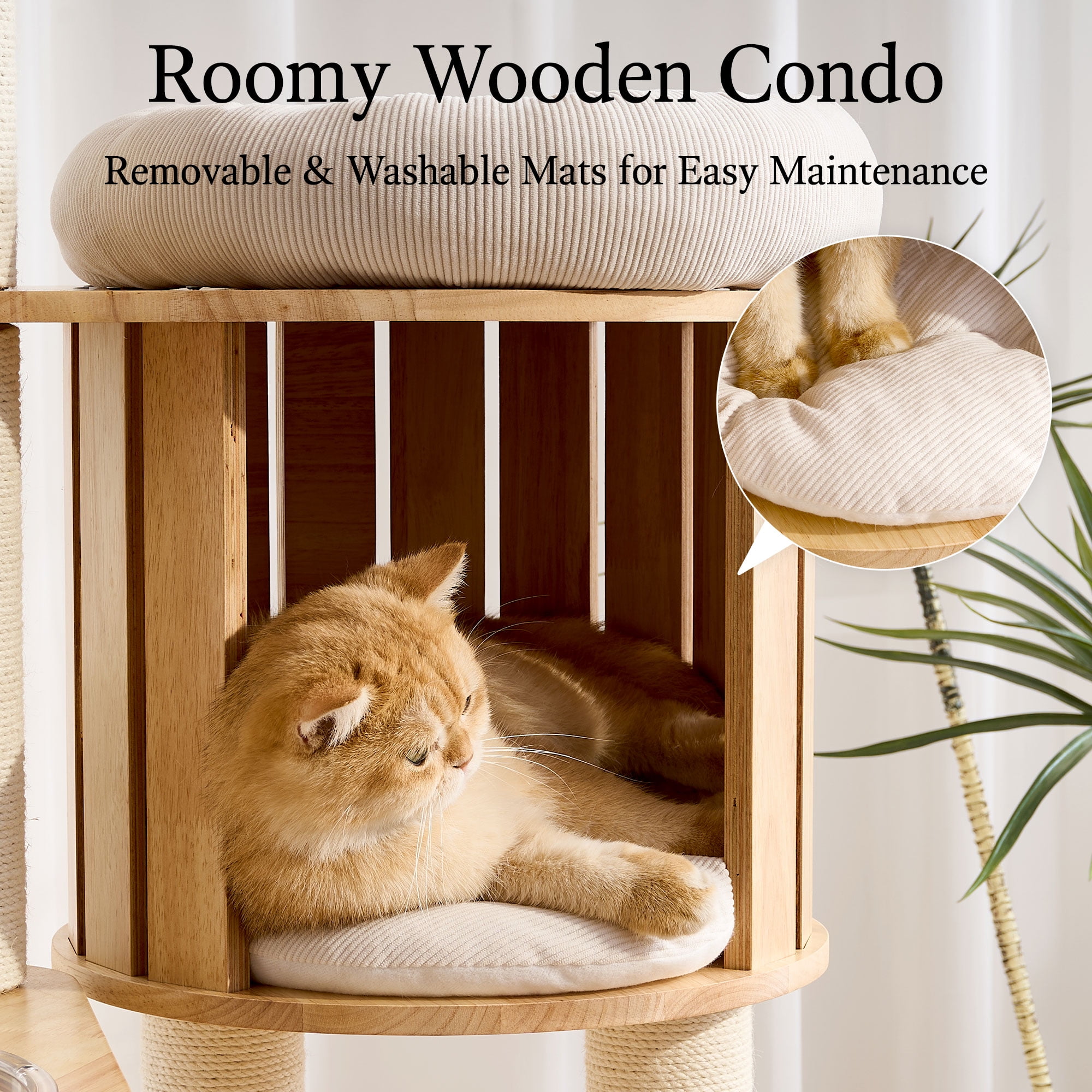 797Audio Solid Wood Cat Tree, 61" Large Modern Tall Cat Tower with Sisal Scratching Posts, Cat Condo, Capsule and Ladder, Aesthetic Multi-Level Cat Climbing Tree for Large Adult Indoor Adult Cats