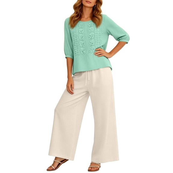 Womens 2 Piece Linen Suits 2026 Summer Plus Size 3/4 Sleeve Embroidered Tops Wide Leg Pants Casual Boho Beach Cute Outfits