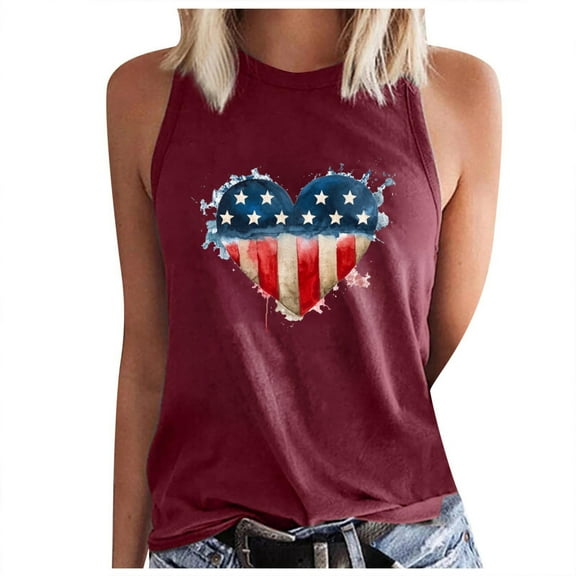 Edvintorg 4Th Of July Tank Top for Women Sleeveless Vest Summer Printing Casual Womens Tops Regular Fit Round Neck Harajuku Shirt