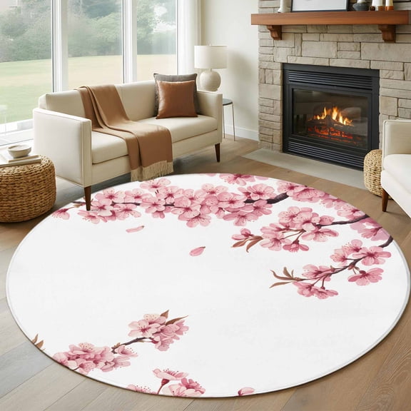 Round Area Rug 6 Ft, Pink Spring Floral Washable Non-Slip Circle Carpet for Living Room/Bedroom, Elegant Pastoral Flowers Watercolor Low-Profile Indoor Mats Collection Rugs for Residential