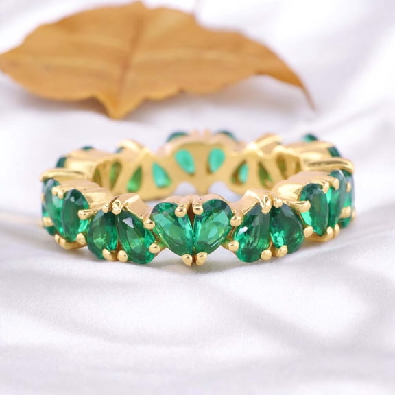 Pear Cut Emerald Eternity Band Bridal Stackable Wedding Band Women Matching Gold Band May Birthstone Gift