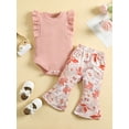 thumbnail image 2 of Infant Baby Girl 2 Pieces Sweet Outfits, Solid Color Ribbed Ruffles Sleeveless Romper + Boho Floral Print Flare Pants Summer Set, 2 of 9