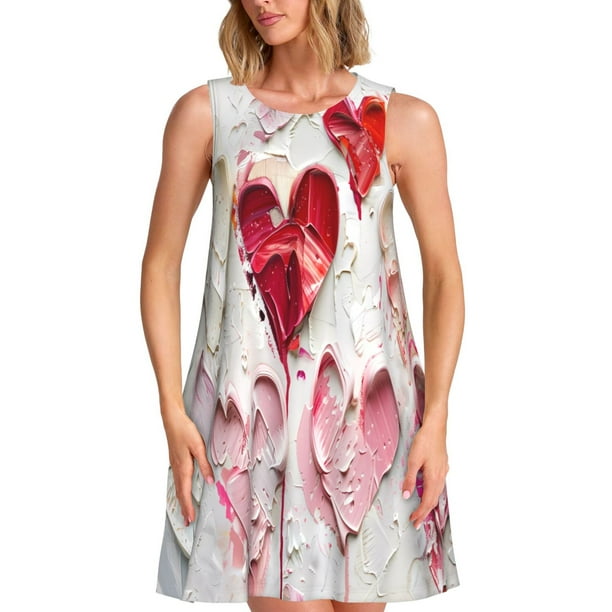 Easygdp Textured Heart Abstract Art para Vestido Transpirable de Mujer, Vestido Suelto de Manga Corta con Pliegues y Bolsillos para el Verano