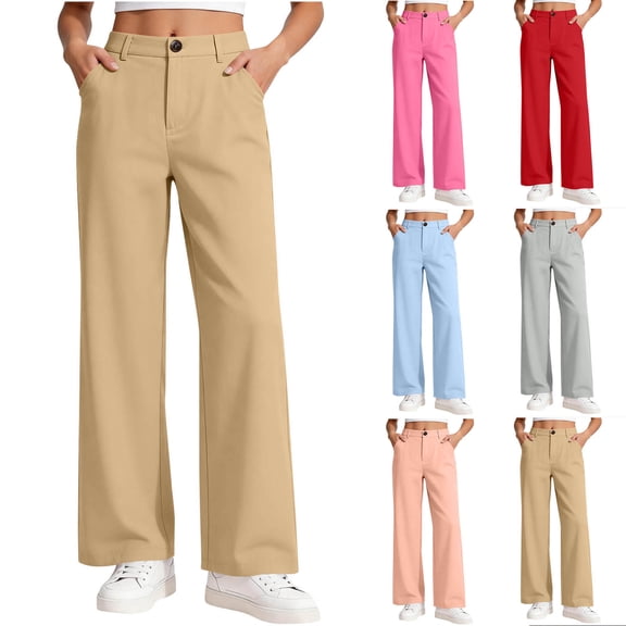 Edvintorg Uniform Pants For Girls High Waisted Wide Leg Dress Pants Casual Straight Leg Trousers with Pockets Teen Girl Clothes