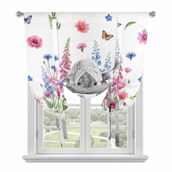 Pink Flowers Yak Balloon Curtains for Windows, Bedroom Curtains 54 Inch Length, Vintage Spring Floral Bathtub Watercolor Tie Up Curtains Panels Thermal Insulated Bathroom Curtains Window 42"x54"