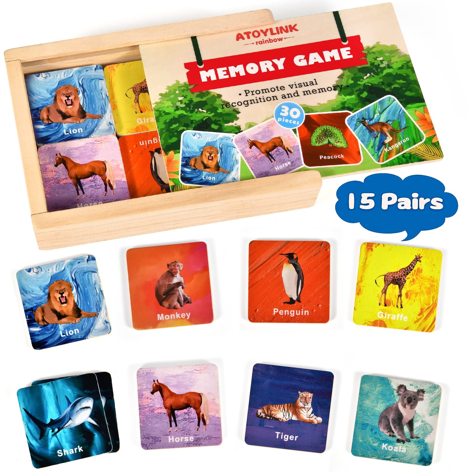 Animals Matching Memory Game for Kids 30 Pcs Wooden Memory Card