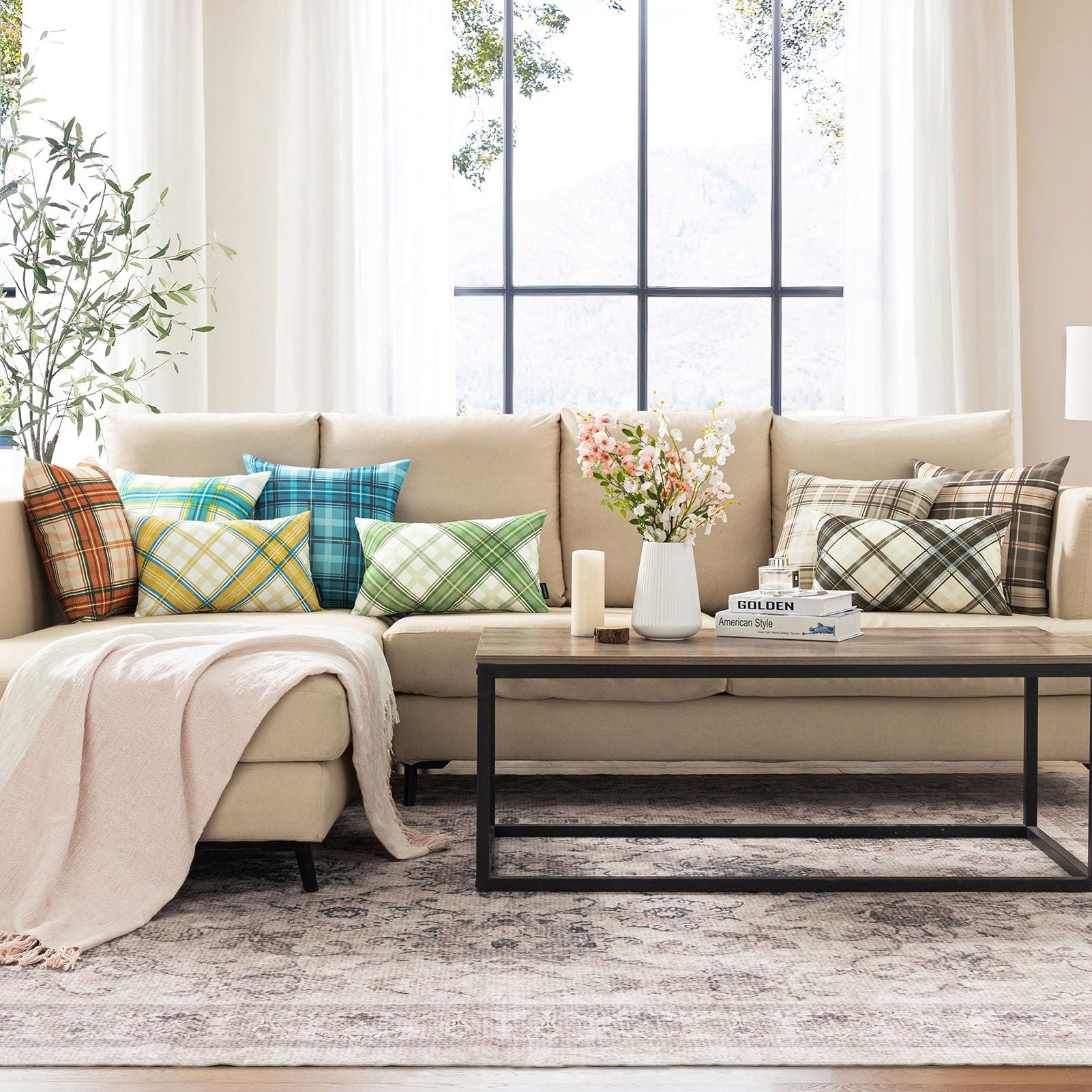 Phantoscope Buffalo Plaid Decorative Throw Pillows with Inserts, Double-Sided Printed Checkered Design, 12 x 20 in, Pink, 2 Pack