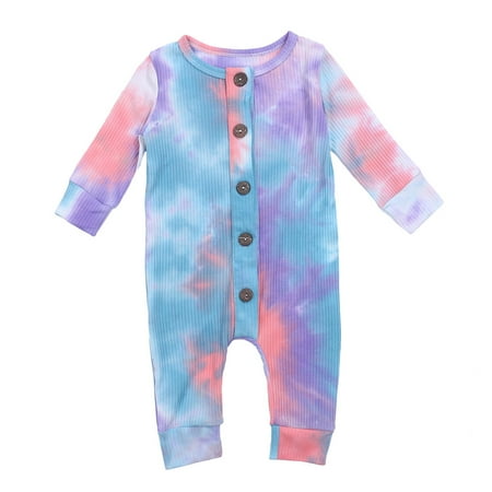 

Caitzr Baby Romper Tie Dyeing Long Sleeve Round Neck Outfit Button-Down Loose Long Pants Jumpsuit