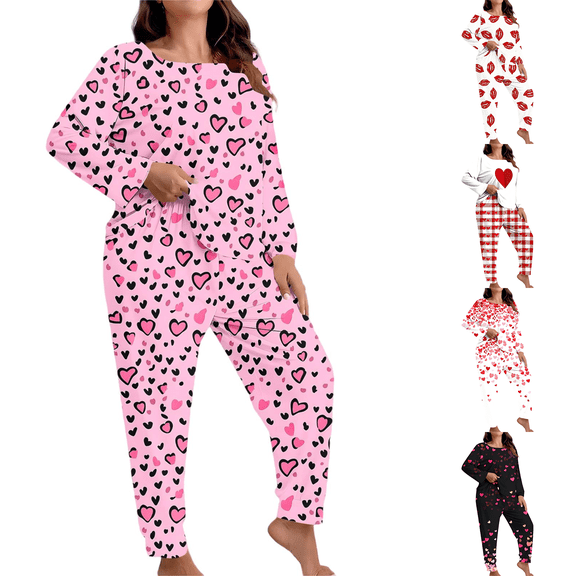 Sakmal Ladies Valentine's Day Pajamas Sets Long Sleeve Shirt with Pants Comfy Love Plus Size Loungewear Crew Neck Pink Lounge Set for Women XXL