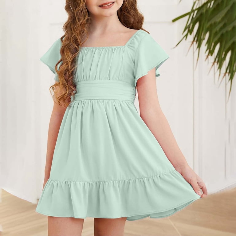Ruyang Girls Short Sleeve Dress Square Neck Pleated Swing Dresses Teen Kids  Solid Summer Elegant Cute Short Smocked Dresses - Walmart.com