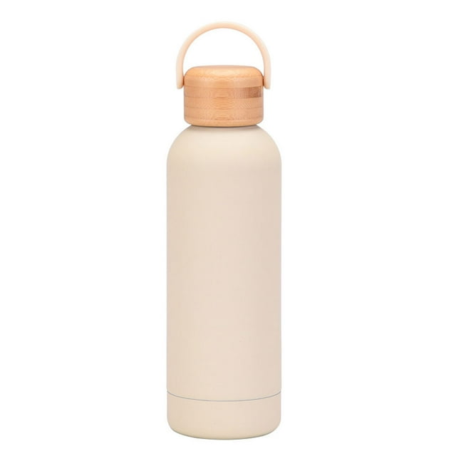 Botella de agua deportiva de acero inoxidable de 500ml, termo con tapa de madera, taza de agua portátil para exteriores con asa