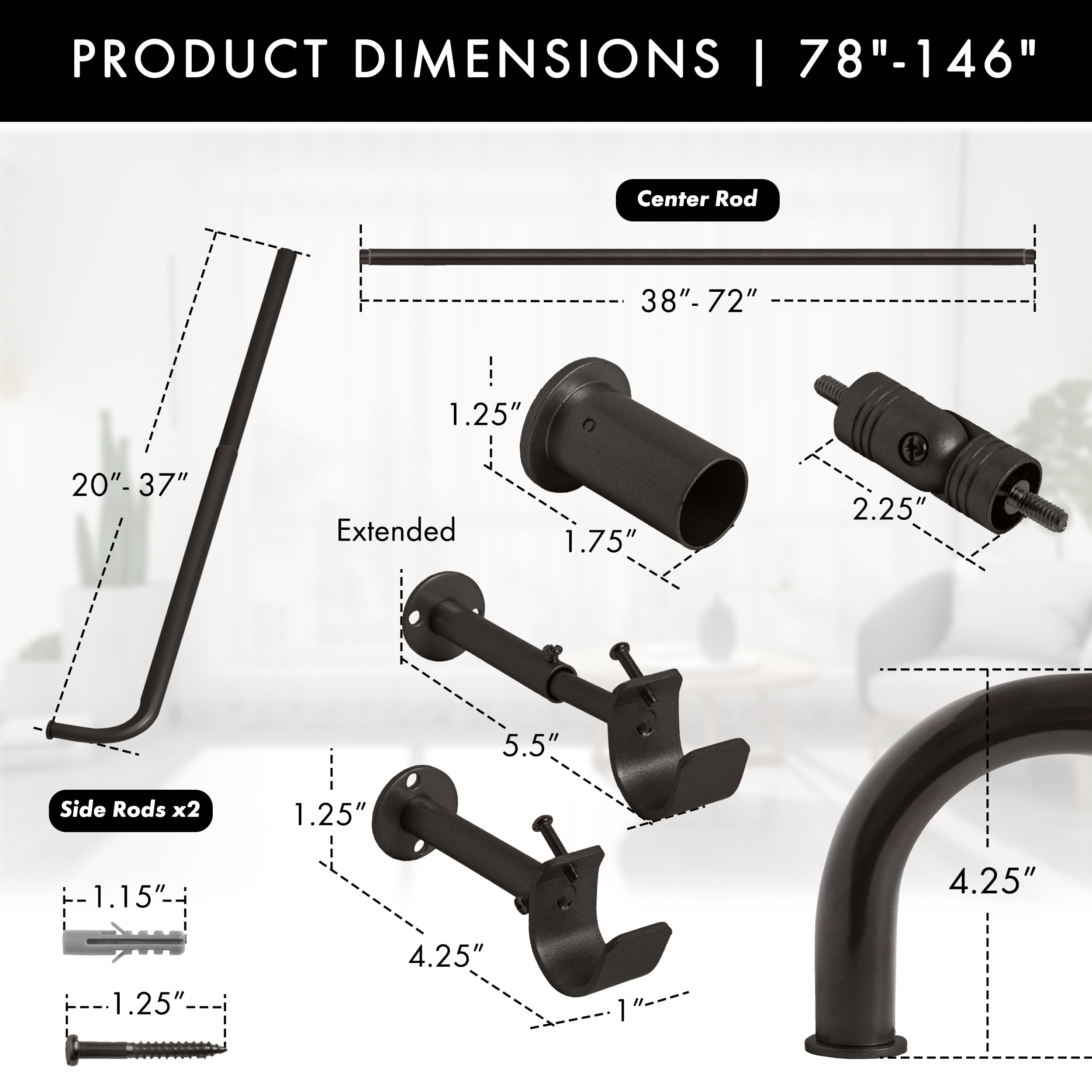 MERIVILLE 1" Bay Window Curtain Rod Set, Adjustable Side 20–37" and Center 38–72", Single Rod, Oil-Rubbed Bronze