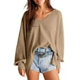 thumbnail image 2 of miqiqism Womens Comfy Waffle Knit Tops 2024 Fashion Long Lantern Sleeve Sweatshirts Juniors Casual Solid Color Blouses V Neck Oversized Tunic T Shirts,Khaki,Medium, 2 of 6