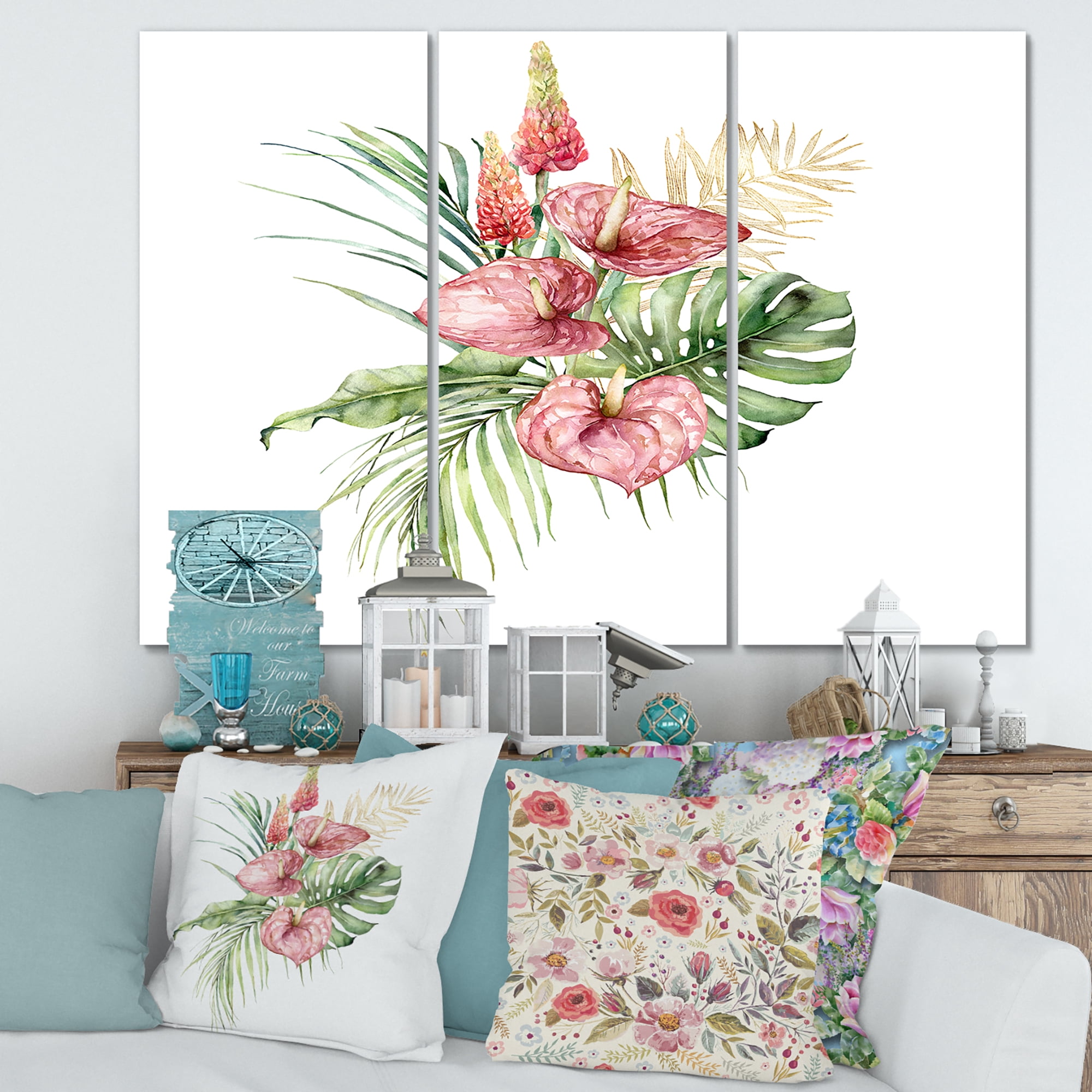 Designart ' Tropical Bouquet With Anthurium Lupine and Leaves On White I ' Traditional Canvas Wall Art Print