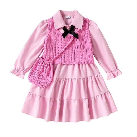 Baby Girls Clothes Toddler Girls Fall Dress 4T Girls Long Sleeve Dress 5T Girls Solid Color Dress with Vest Cute Bag Pink