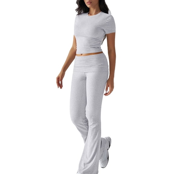 Solid Color Slim Fit Short Sleeve Trousers Suit Gray L