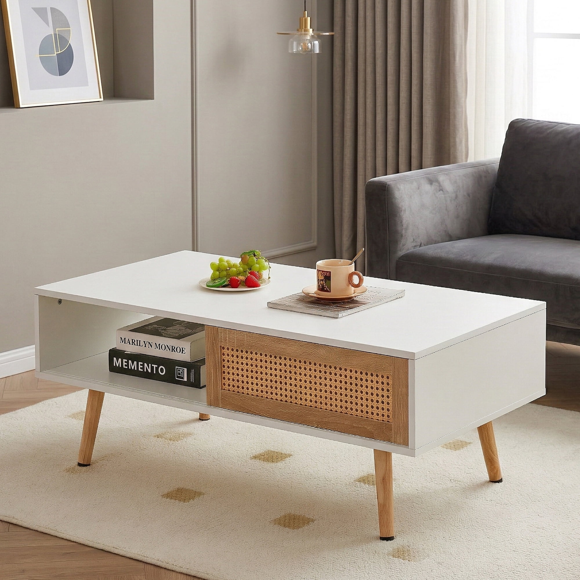 Modern Multifunctional Lift Table, Height Adjustable 18.3" to 29", MDF Desktop with Metal Legs, Rounded Corners for Dressing Coffee Dining Office
