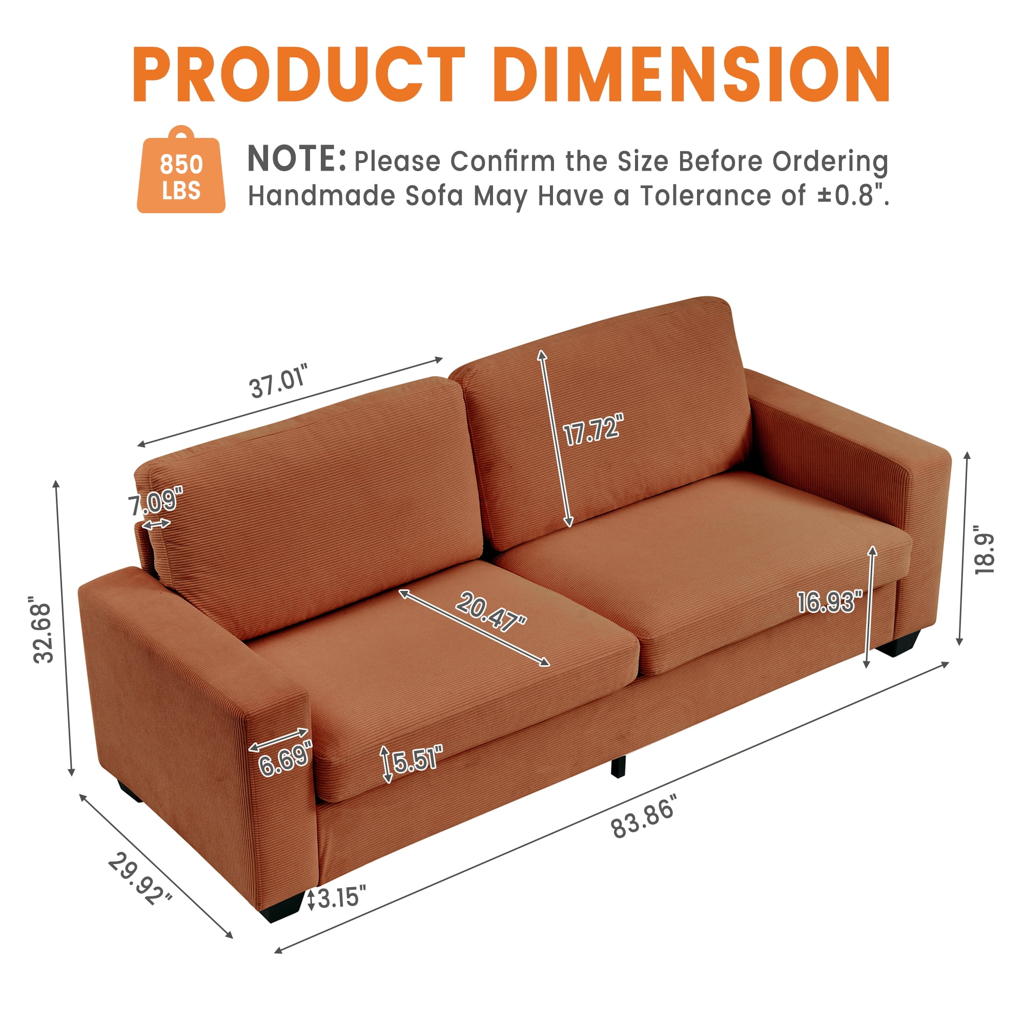 Kicctian 83" Wide 3-Seater Corduroy Couch with Deep Seat, Modern Sofa with Washable Covers and Wide Armrests, Comfortable Loveseat for Living Room, Bedroom, Office or Small Spaces,Red