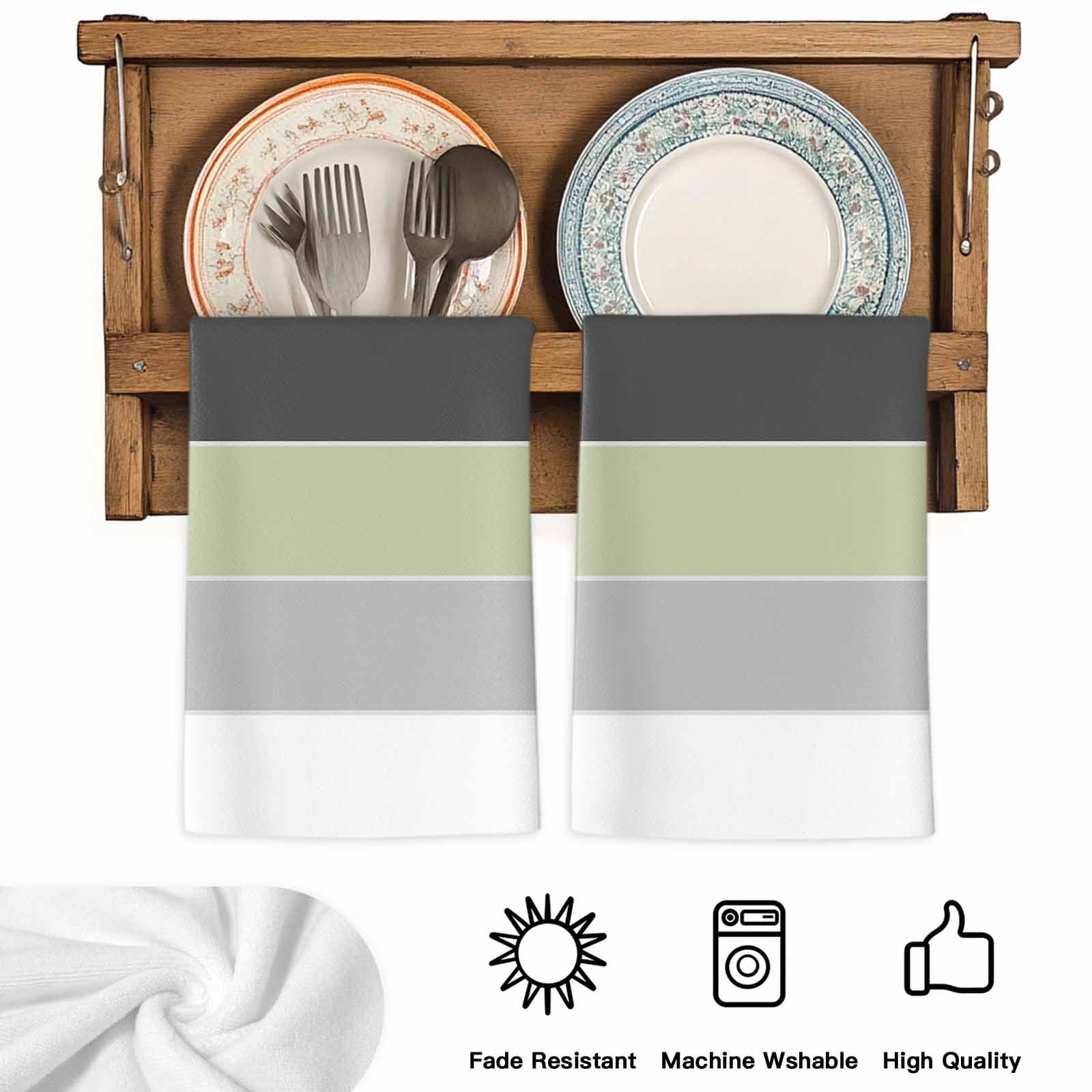 Grey Green Striped Kitchen Towels Set of 2, Farmhouse Modern Soft Microfiber Dish Towels, Absorbent Quick-Dry Washable Dishcloths for Kitchen Cleaning, Drying Dishes, 18x28 Inches