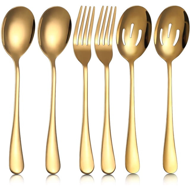 6 Pieces Large Stainless Steel Serving Spoons Slotted Serving Spoons Serving Forks Set for Catering Serving Utensils Party Buffet Dinner Banquet Cooking Kitchen Stirring Draining Tools (Gold)