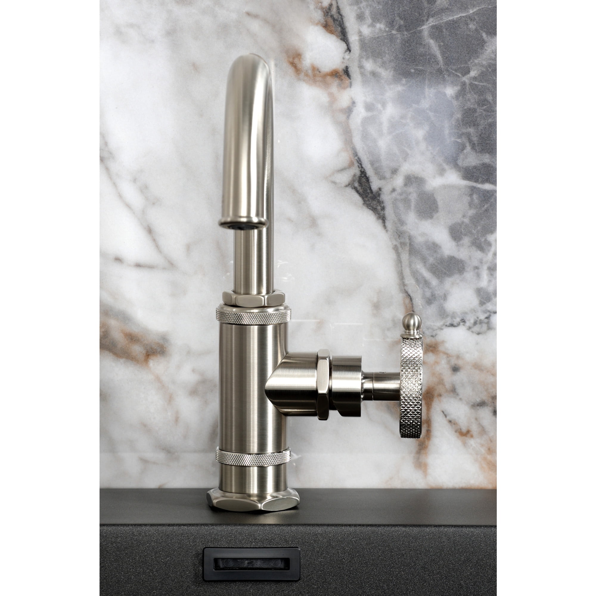 Kingston Brass KSD2218RKX Webb One-Handle 1-Hole Bathroom Faucet with Knurled Handle, Deck Plate, and Push Pop-Up Drain in Brushed Nickel
