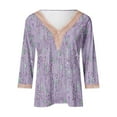 thumbnail image 4 of QUNYINEY Purple Tshirts Shirts for Women Casual 3/4 Sleeve V-Neck Floral Tops Lace Drop Shoulder Loose Pullover T-Shirts, 4 of 4