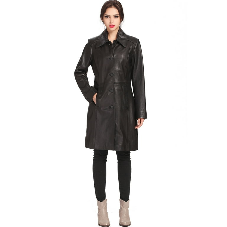 Women Amber Lambskin Leather Walking Coat Regular Plus Size Petite