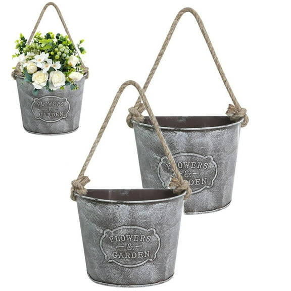 Topboutique Metal Wall Planter,2 Pcs Iron Art Flowerpot,Hanging Flower Bucket,Hanging Plant Pot,Wall Mounted Hanging Basket,Iron Tin Flower Holder with Rope,Plants Container for Porch Railings Patio