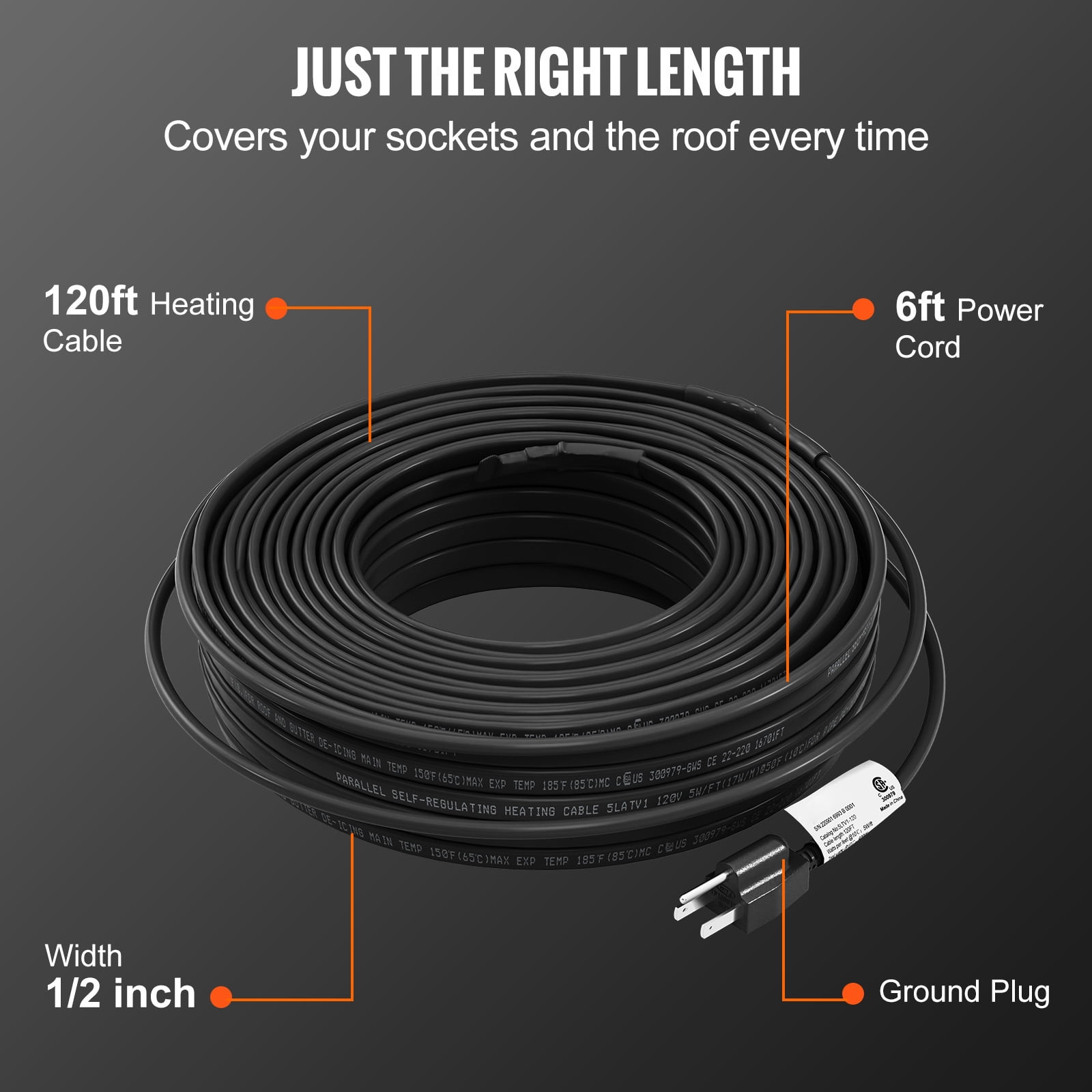 RoofMate Self-Regulating Roof & Gutter Heat Cable – 6-Ft Heating Tape, 10-Ft Lead, 120V, 7W/Ft For Ice Dam Prevention