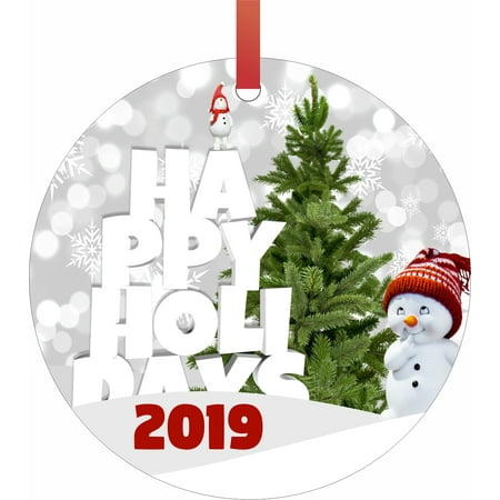 Round Snowman (Happy Holidays 2019 Snowman Double Sided Round Shaped Flat Aluminum Glossy Christmas Ornament Tree)
