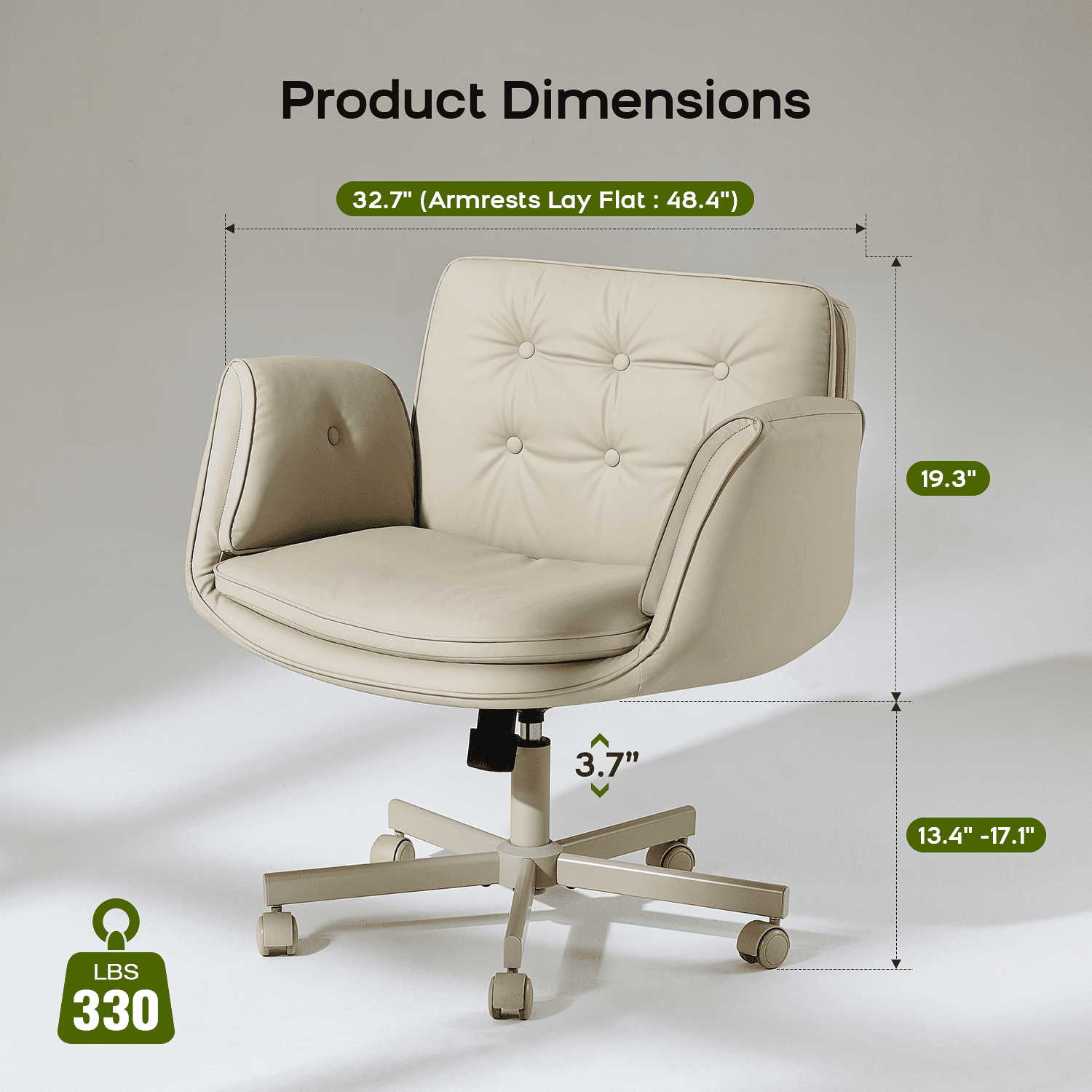 TMV Vanity Chair Oversized, Criss Cross Design Office Desk Chair - Big & Tall Computer Chair with Foldable Arms, Swivel and Wheels,Cream