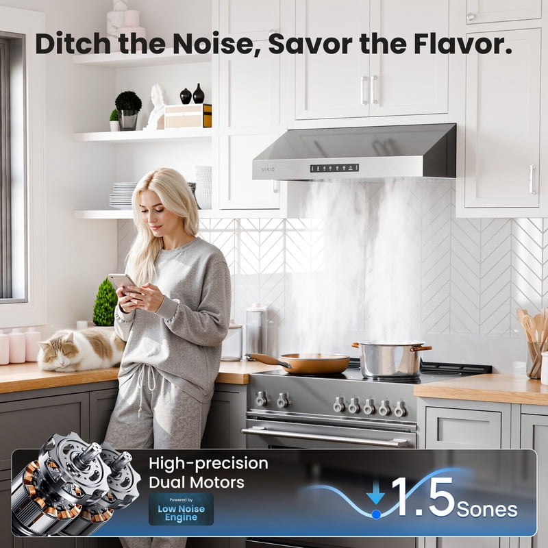VIKIO 30 in. Under Cabinet Range Hood in Stainless Steel with Dual Motors, Quiet 1.5 Sones Ventilation, 3-Speed Fan, Gesture Control and LED Lights