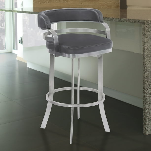 Armen Living Prinz Metal Swivel Barstool in Gray Faux Leather with