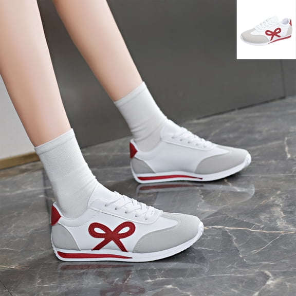 Willtoo Women's Bow Patch Low Top Retro Sneakers, Lace Up Roud Toe Casual Shoes, Flat Sole Fashion Walking Shoes