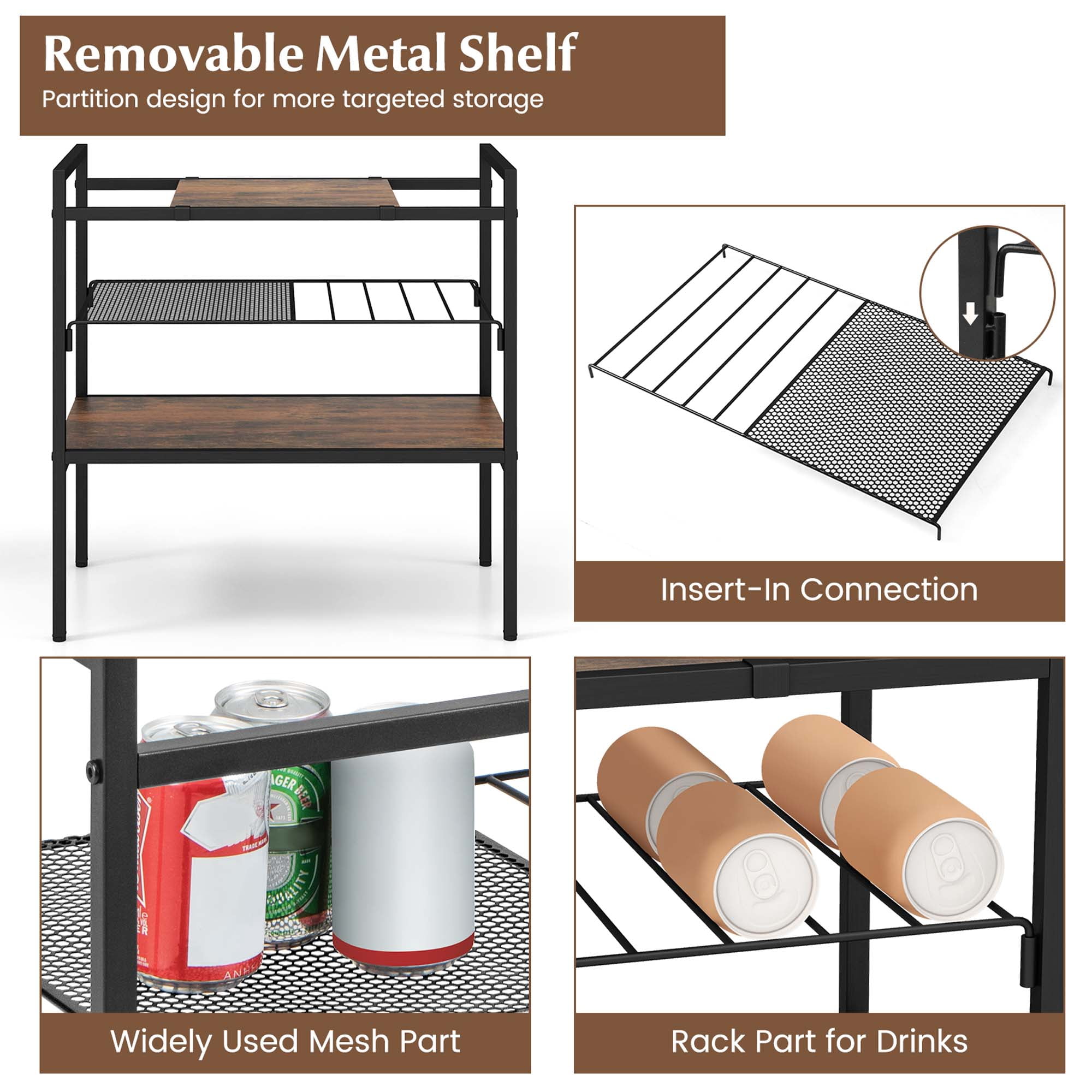 Costway Industrial Entryway Table 3-Tier Sofa Side Table with Removable Panel & Mesh Shelf