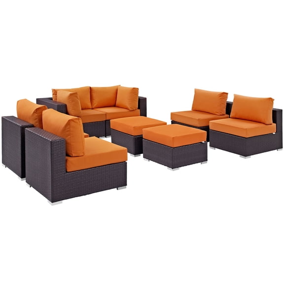 Modern Contemporary Urban Design Outdoor Patio Balcony Eight PCS Sectional Sofa Set, Orange, Rattan