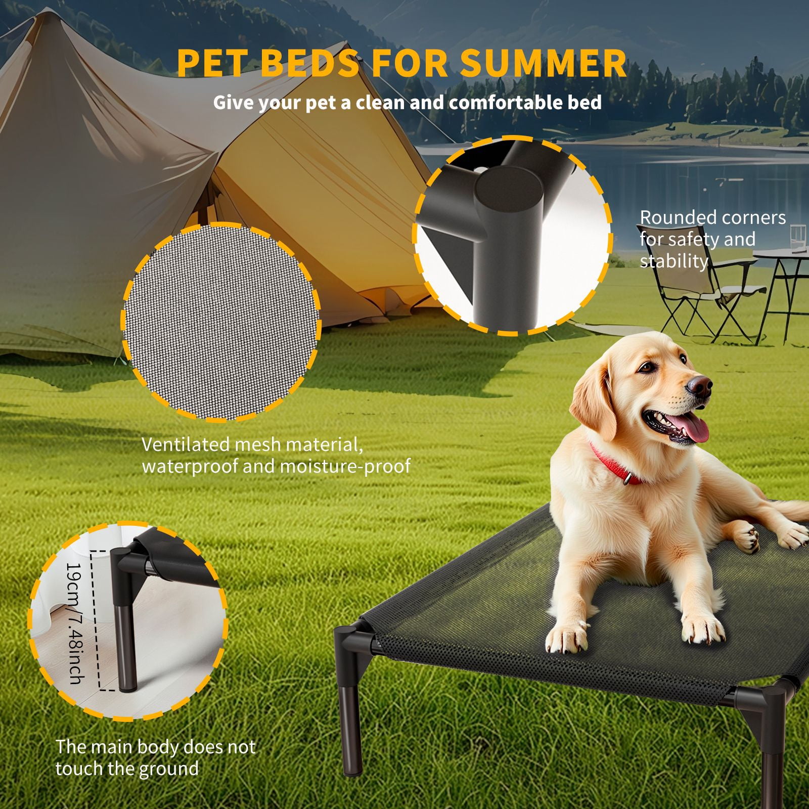 XXL Breathable Mesh Elevated Pet Bed, Removable Washable Non-Slip Foldable Cooling Dog Cat Bed Indoor Outdoor