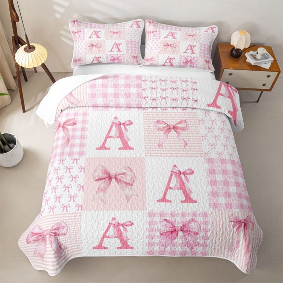 meiyoeat Ribbon Bow Letter Print Quilt Full For Girls,Pink Plaid Bowknot Alphabet A Full Bedspread Sets For Kids,3-Piece