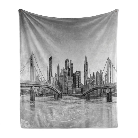 City Pittsburgh Soft Flannel Fleece Throw Blanket, Panoramic View of Pittsburgh Greyscale Gloomy Weather Cityscape, Cozy Plush for Indoor and Outdoor Use, 70" x 90", Pale Taupe and Grey, by Ambesonne