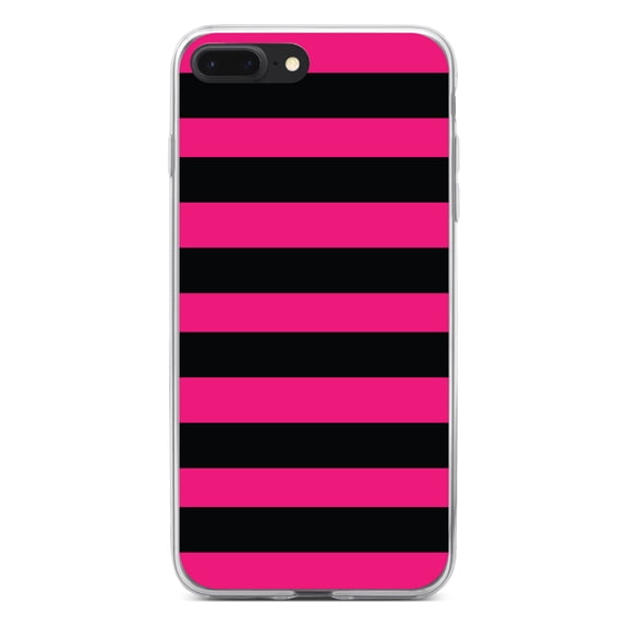 DistinctInk Clear Shockproof Hybrid Case for iPhone 7 PLUS / 8 PLUS (5.5" Screen) - TPU Bumper, Acrylic Back, Tempered Glass Screen Protector - Black & Pink Bold Horizontal Stripes