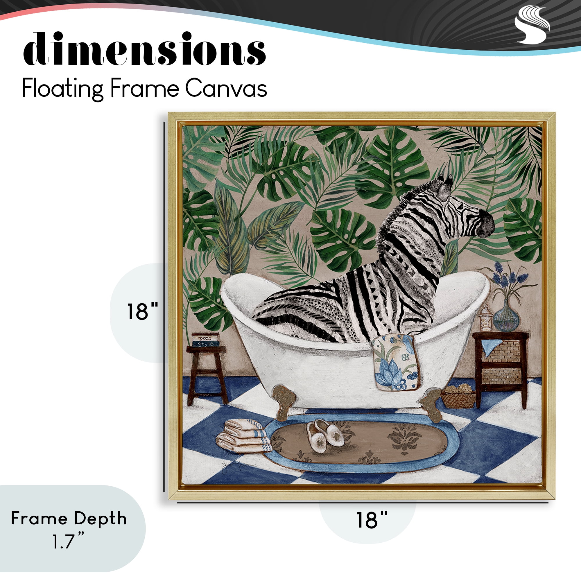 Stupell Industries Zebra in Tropical Bathtub Gold Framed Floater Canvas Wall Art, design by Janet Tava